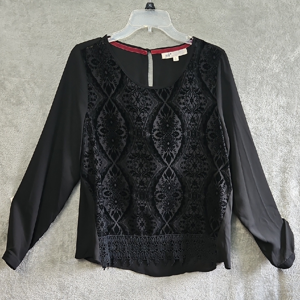 Jolt Black Sz Lg Lace Blouse Floral Velvet Details Semi Sheer Fabric Tag Missing